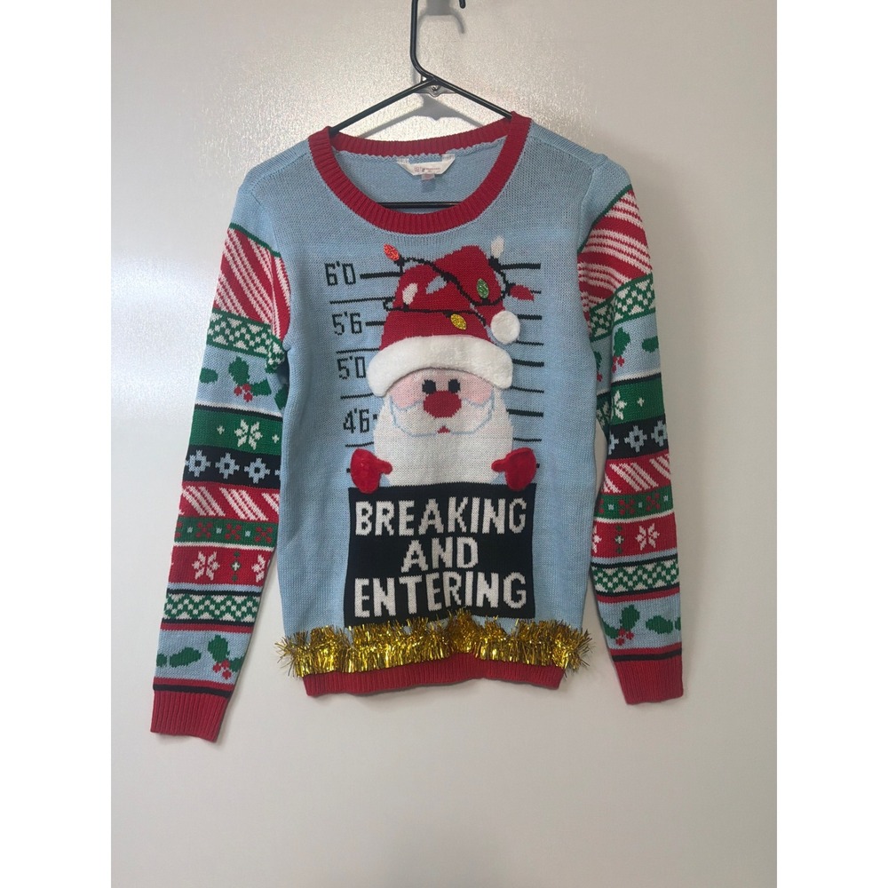 No Boundaries Santa Mugshot Breaking and Entering Ugly Christmas Sweater Small
